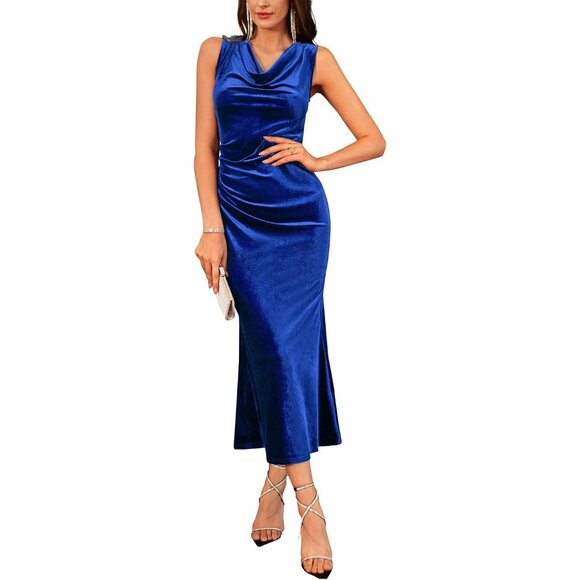 Dresses & Skirts - Women Royal Flattering Cowl Neck Sleeveless Fall Velvet Cocktail Mermaid Gown